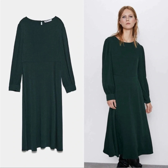 Zara Bottle Green Wrinkled Look Feminine Fit Bloggers Favorite Dress size S - Picture 2 of 16